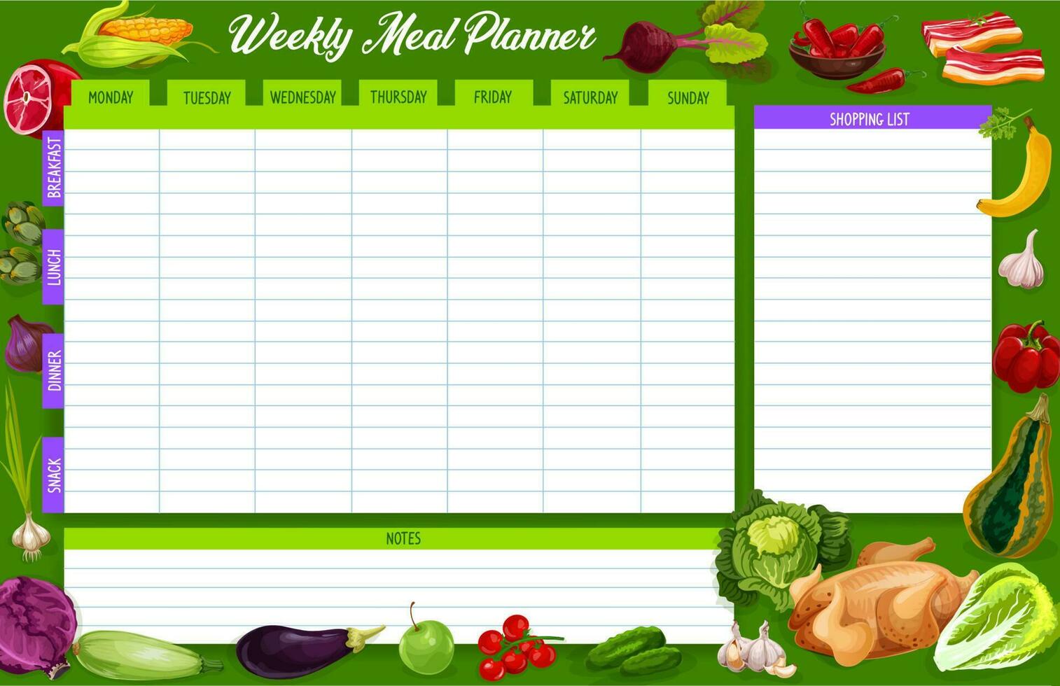 Weekly meal planner, vector food week plan diary