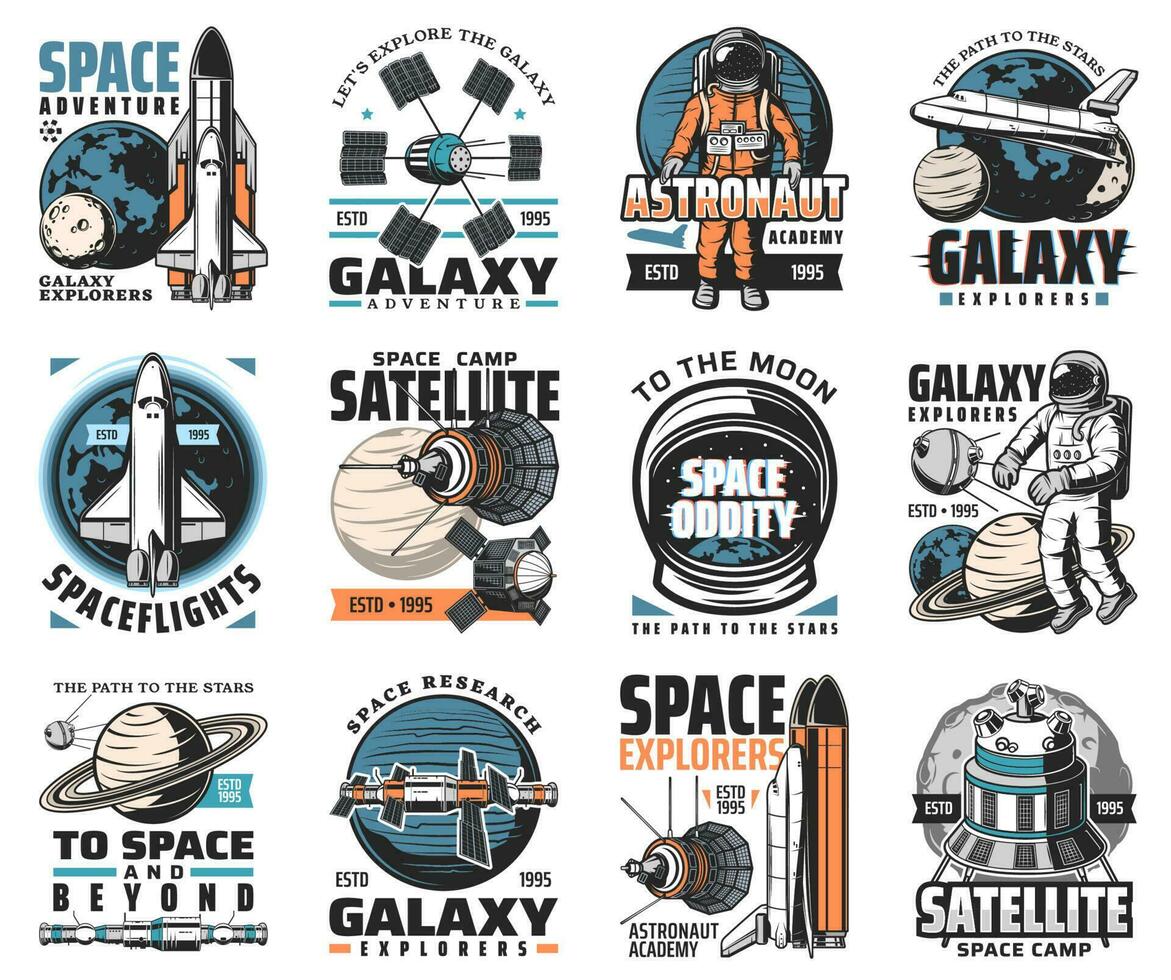 Galaxy exploration vector icons, space labels set