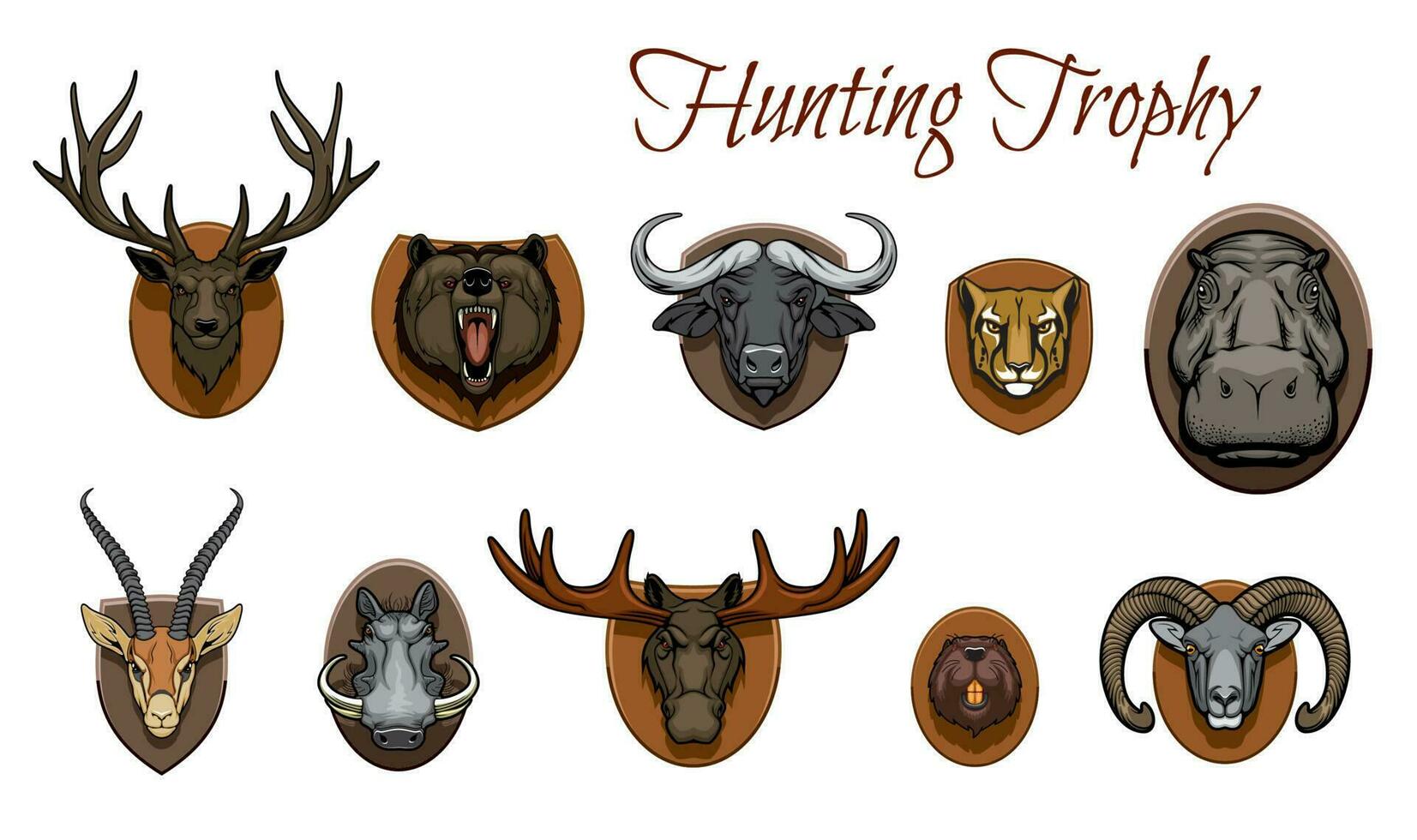 Hunting trophies, hunted animal heads on wall vector