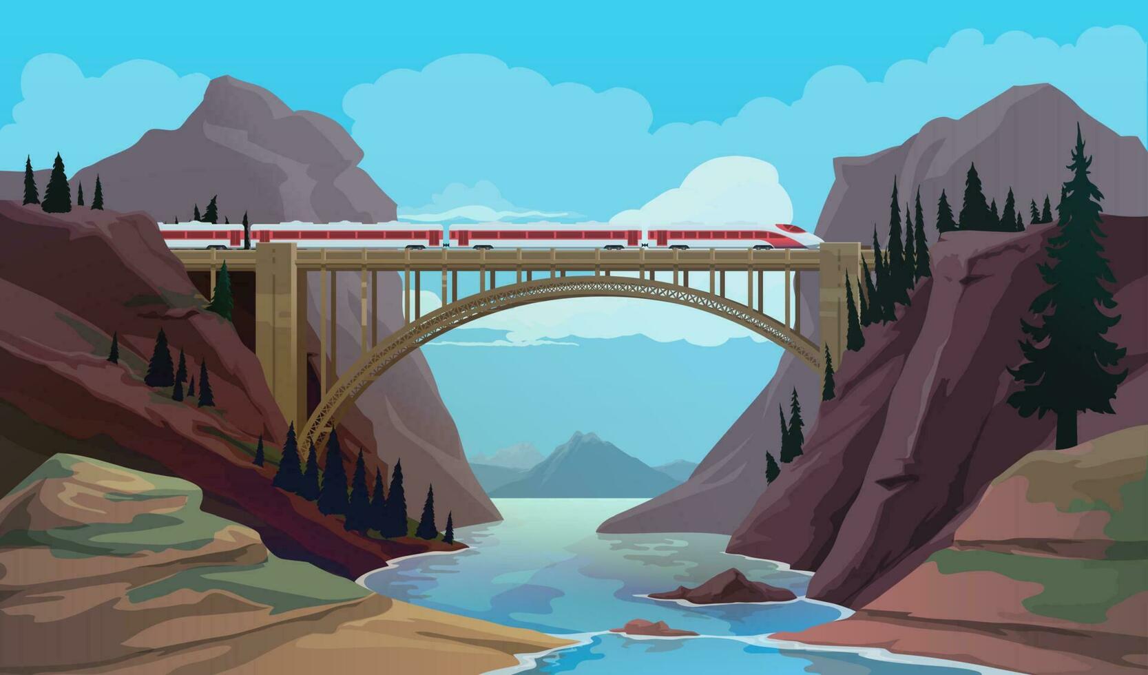 Railroad bridge with train over mountain river vector