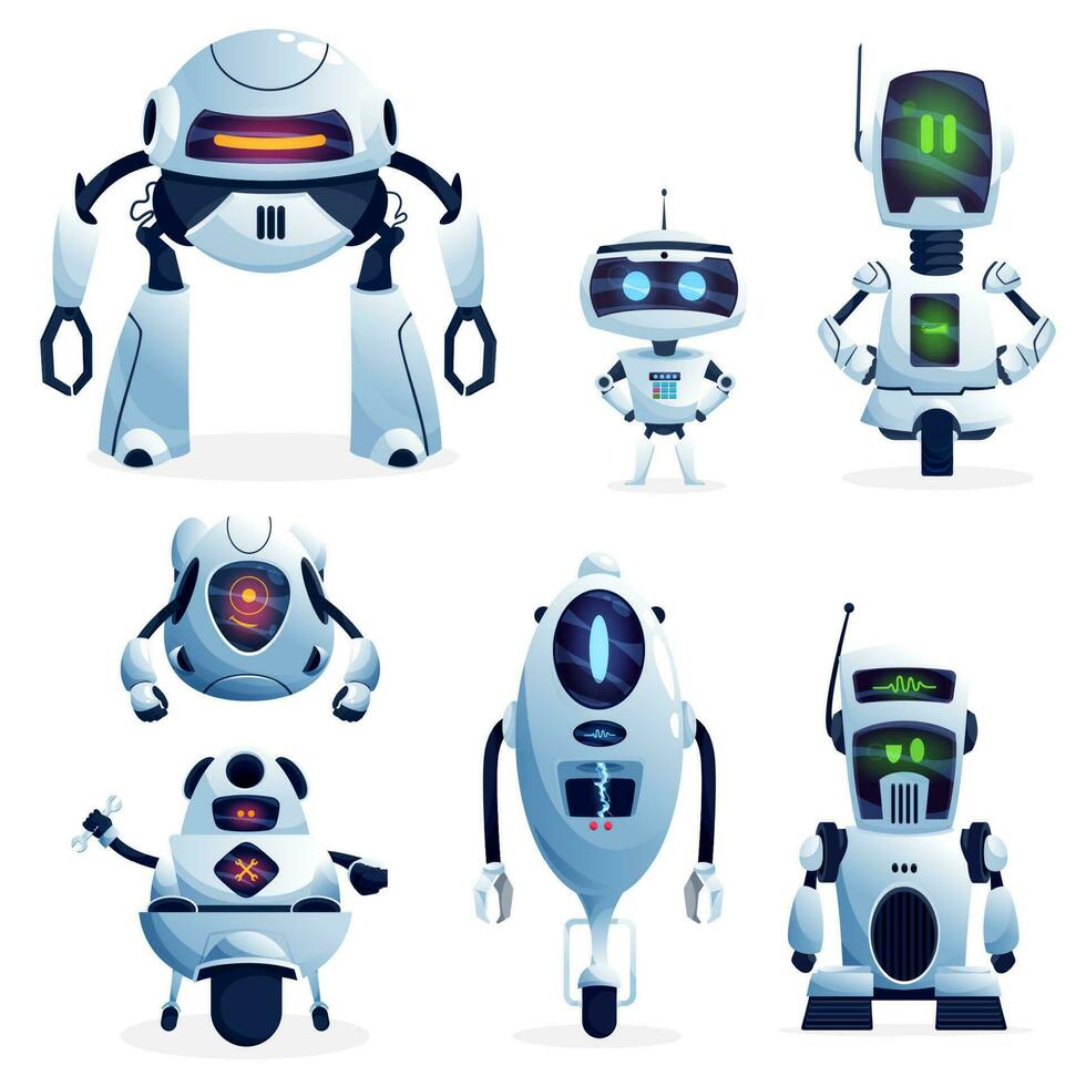 Cartoon robots, vector cyborg characters, toys set