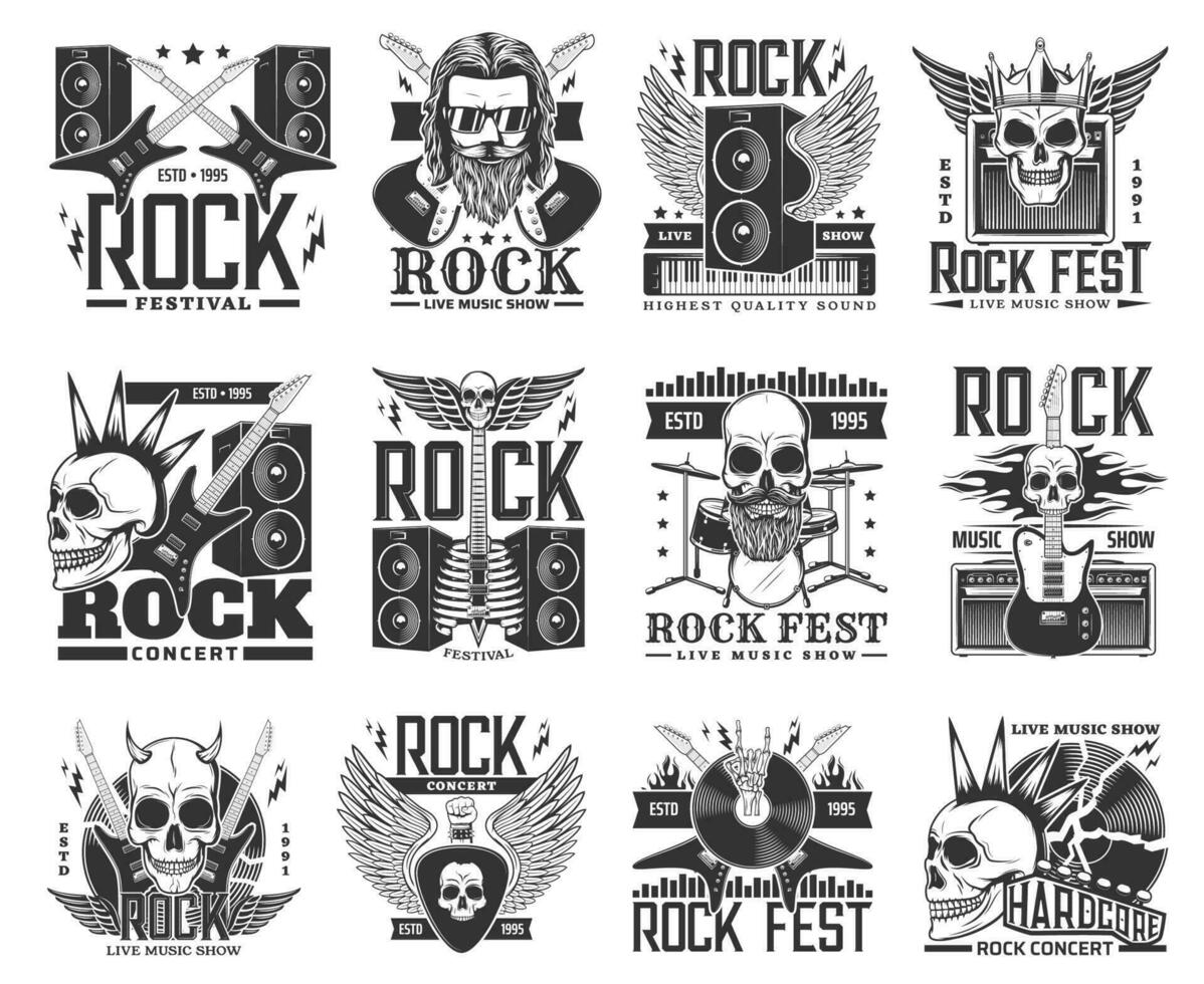 Rock music icons and symbols, guitar, skull, drum vector