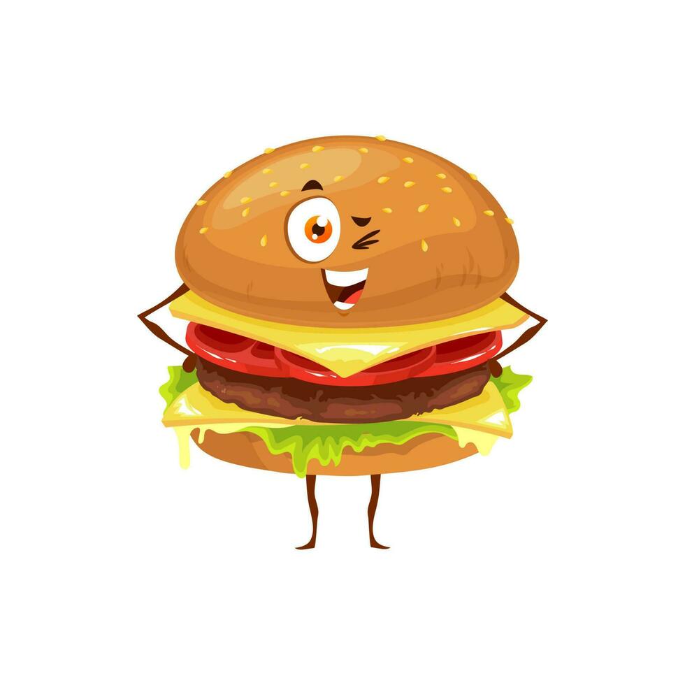 Cartoon happy cheeseburger character, junk meal vector