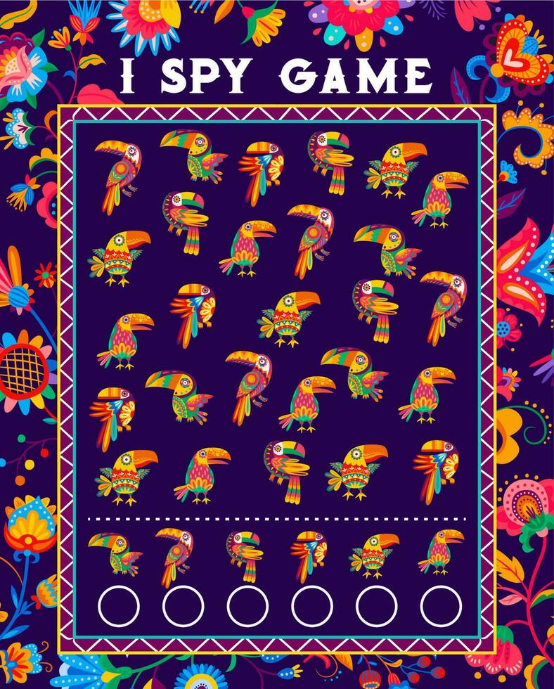 I spy kids math game worksheet with toucan birds vector