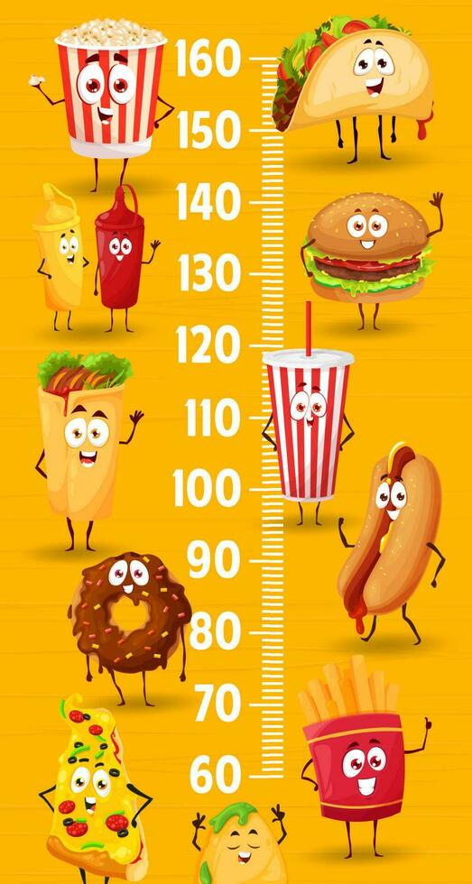 rápido comida dibujos animados caracteres, niños altura gráfico vector