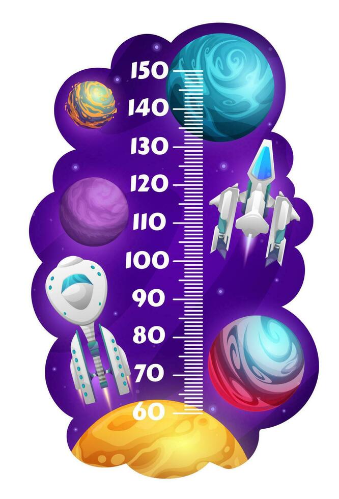 Kids height chart with cartoon planets, starships vector