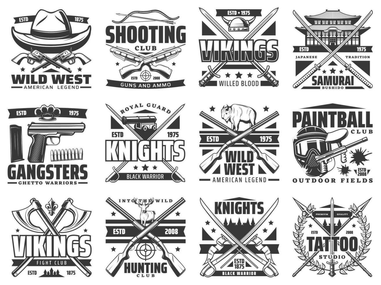 Weapon, guns, paintball and hunting icons vector