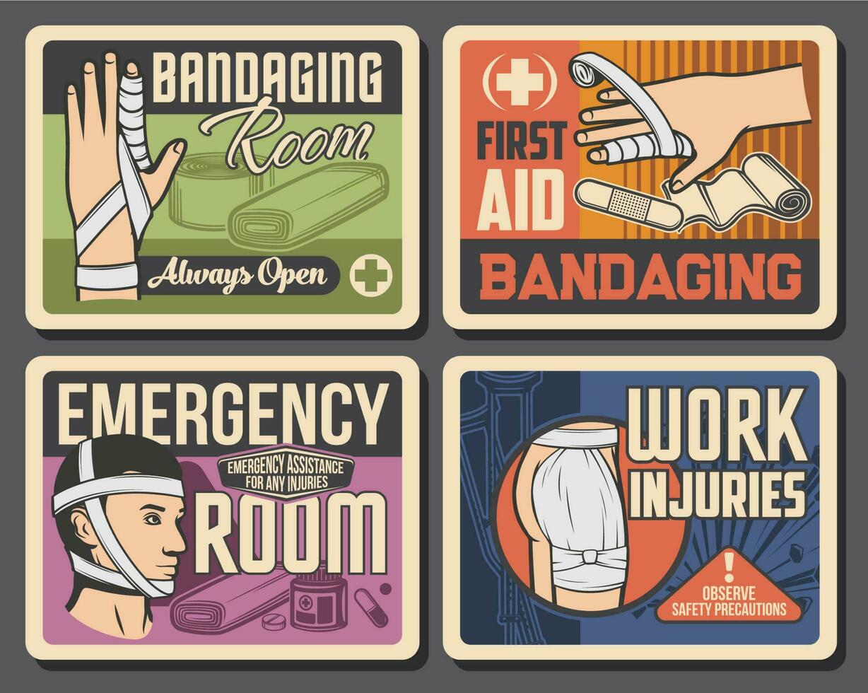 Bandage, emergency room medicine retro posters vector