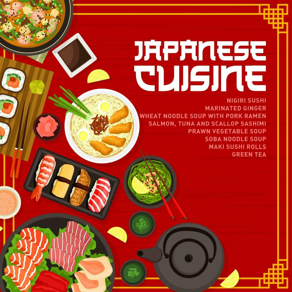 japonés cocina restaurante menú cubrir diseño. vector