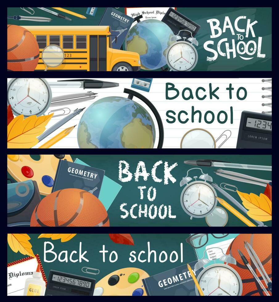 Back to school banners, education student supplies vector
