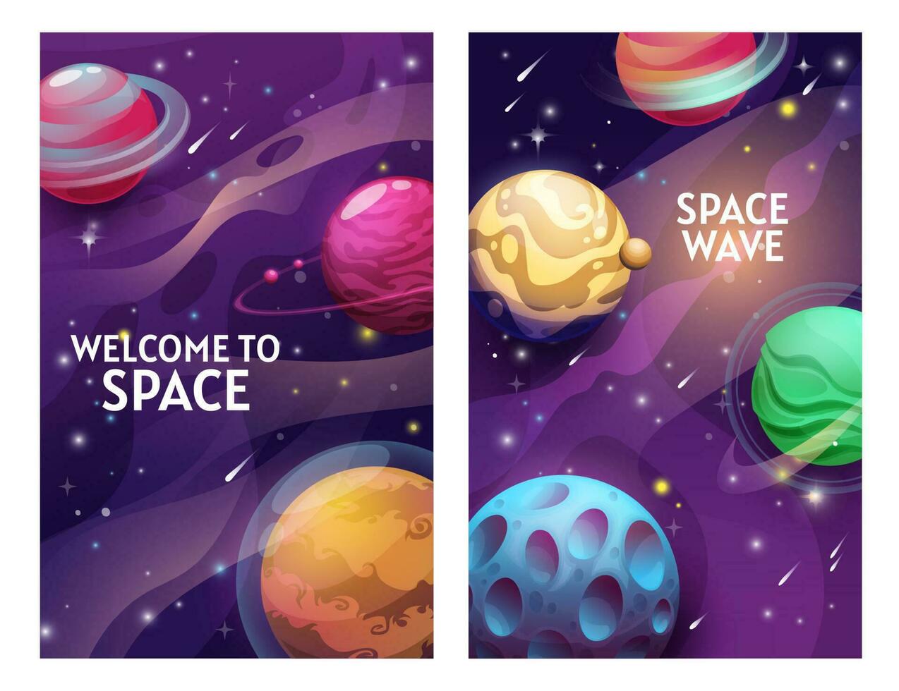Space posters with cartoon planets, vector galaxy
