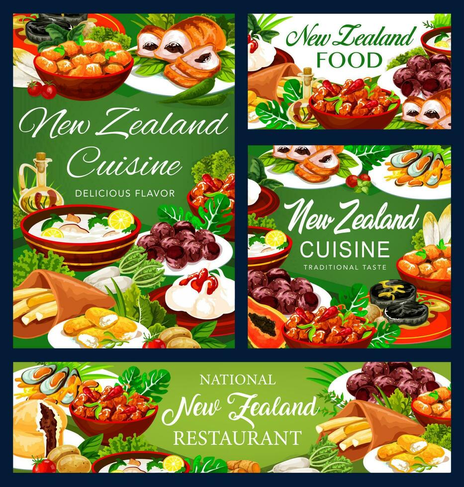 nuevo Zelanda cocina, vector platos carteles conjunto