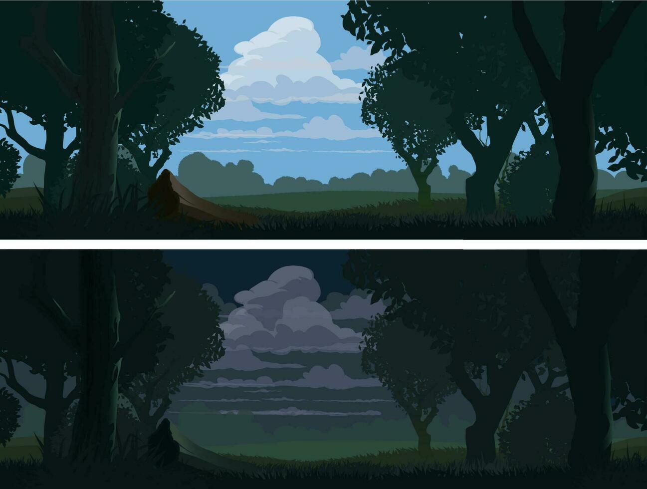 Forest edge landscape at evening and night vector