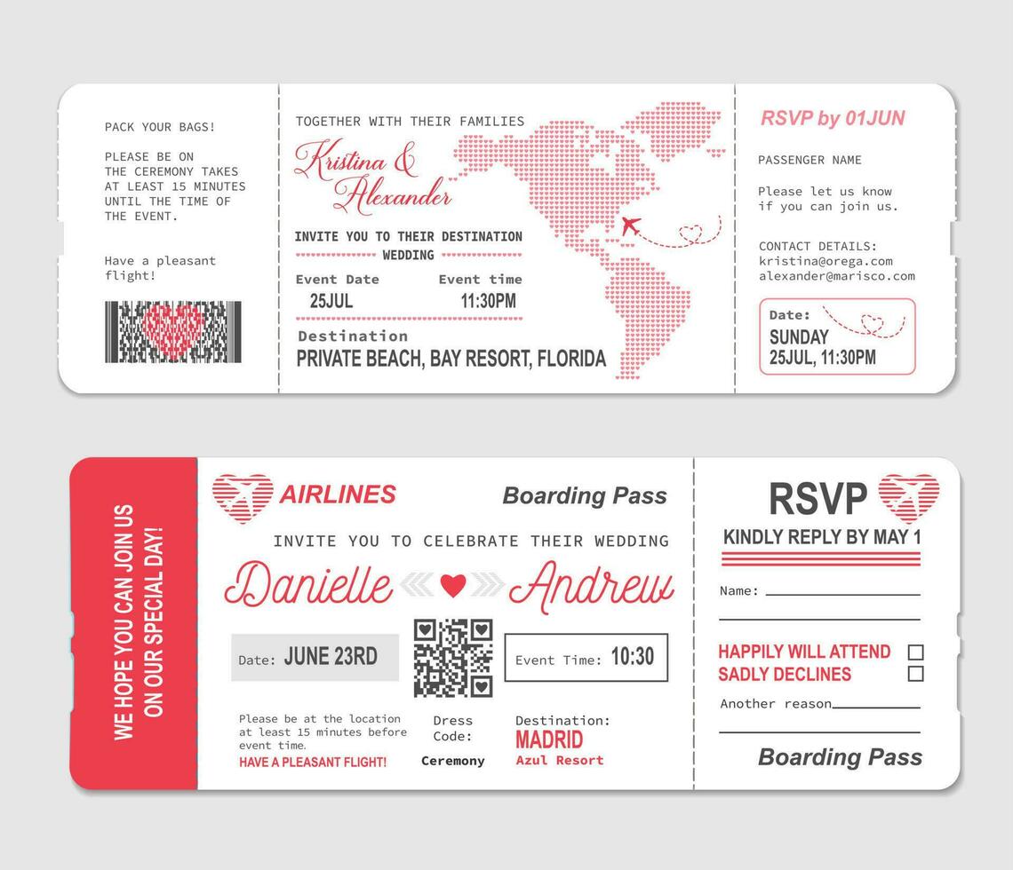 Boarding pass ticket, wedding invitation template vector