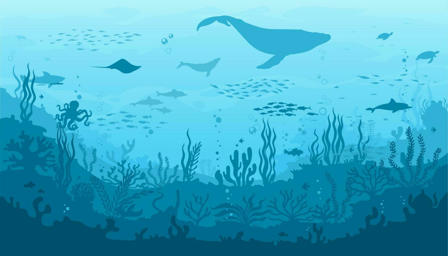 Ocean underwater landscape with reef fish whale vector