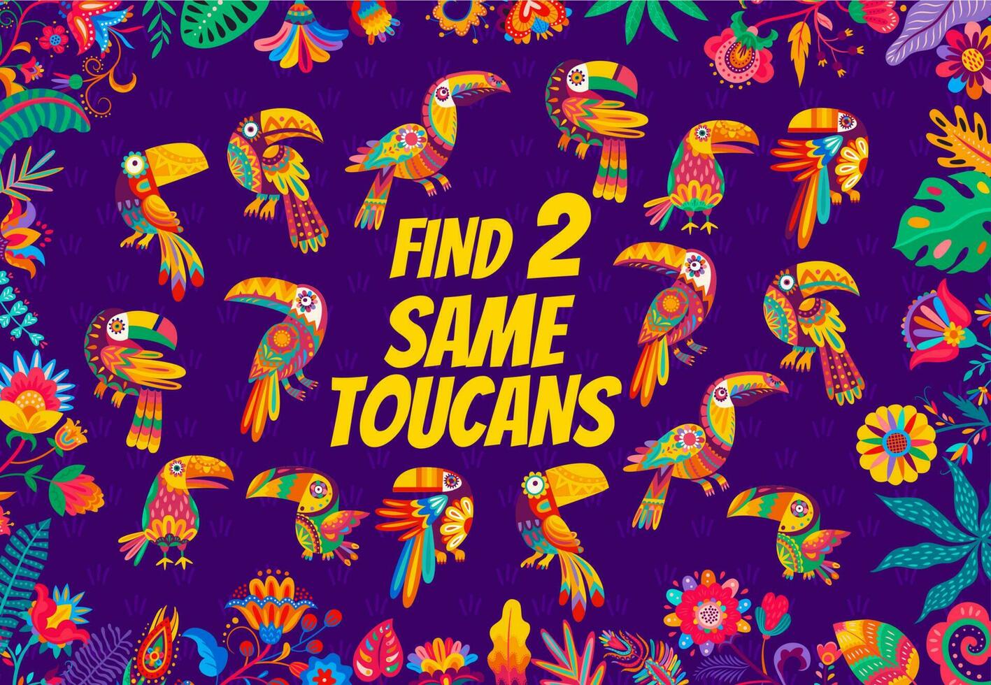 Find two same toucan birds, kids game worksheet vector