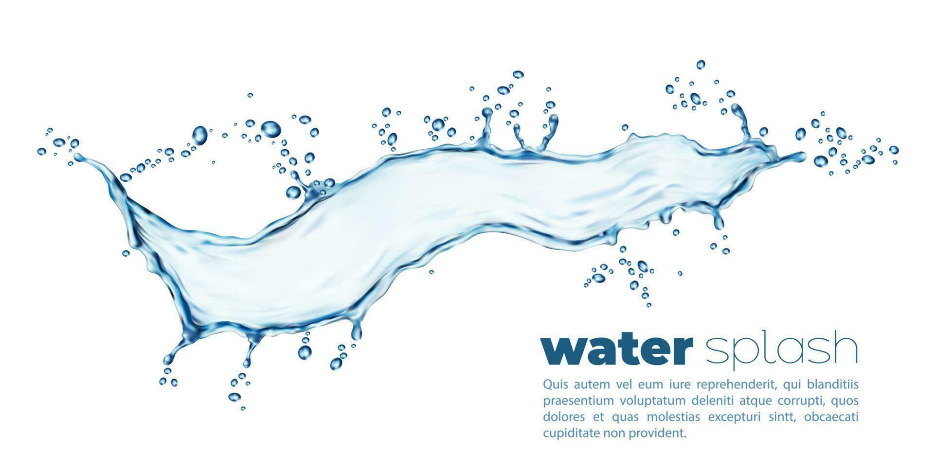 Blue water flow splash with splatters, aqua wave vector