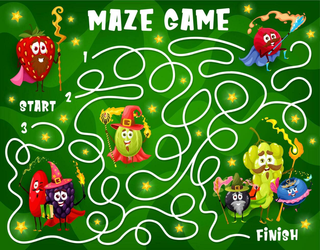 Labyrinth maze with cartoon berry wizard character vector