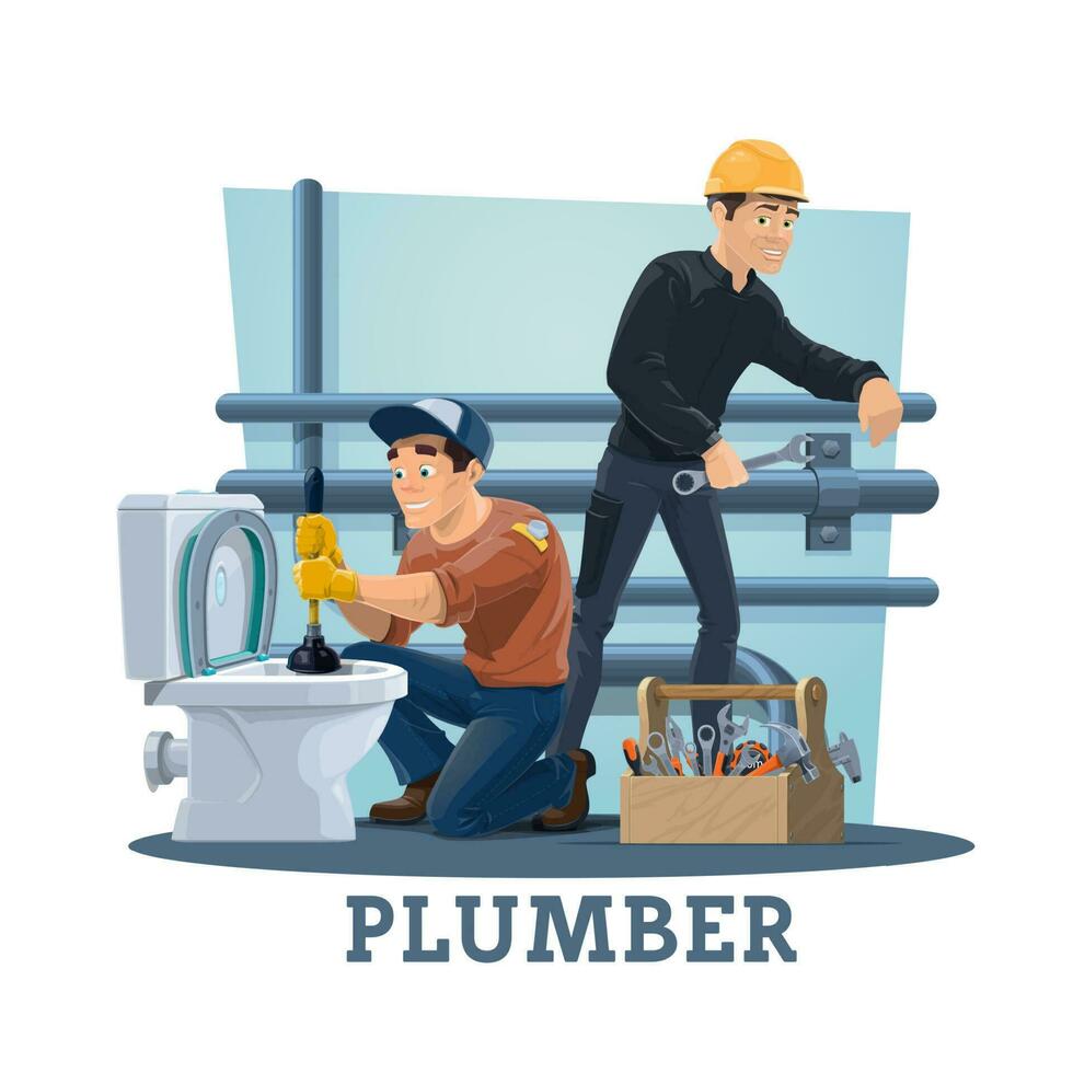 Plumbers with work tools, plumbing service workers vector