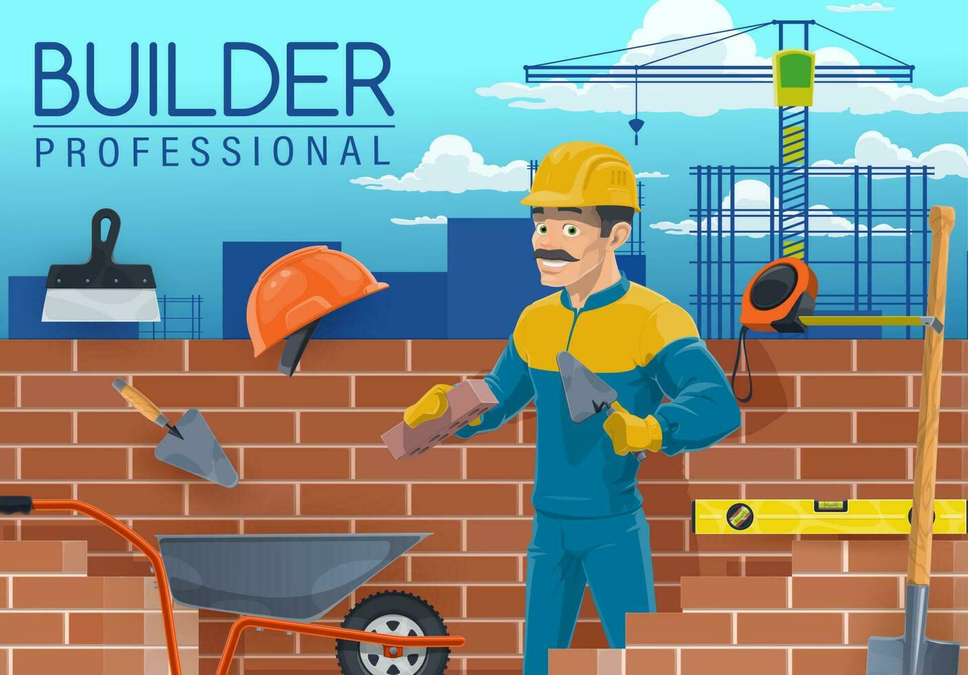 Builder with bricklayer tools, construction worker vector