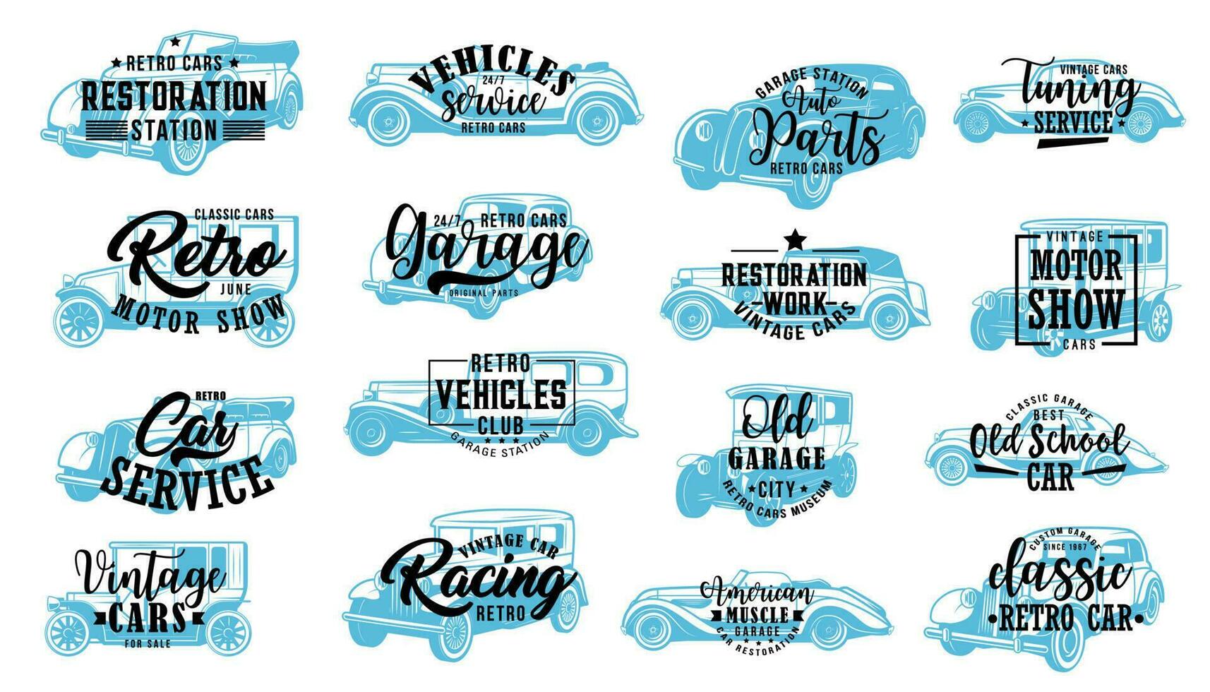 Cars garage, retro vintage vehicles auto service vector