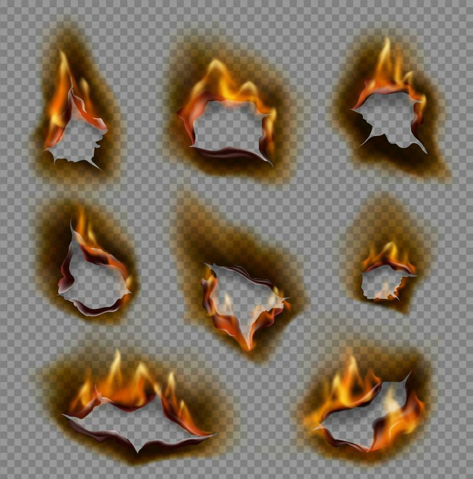 Burning paper holes, realistic fire flames vector