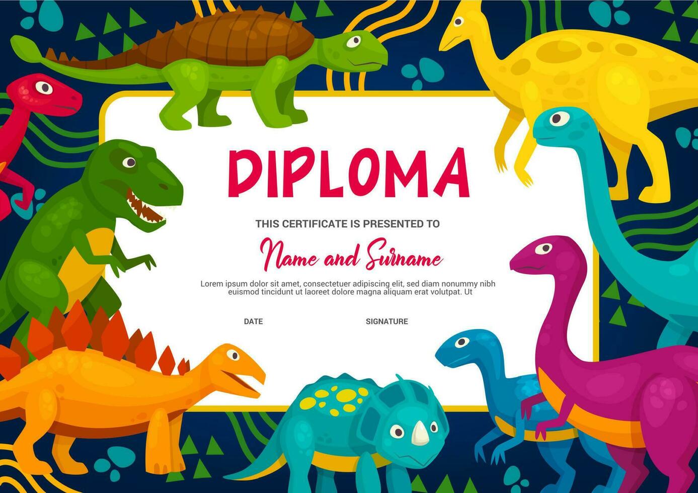 Kids diploma with dinosaurs vector template