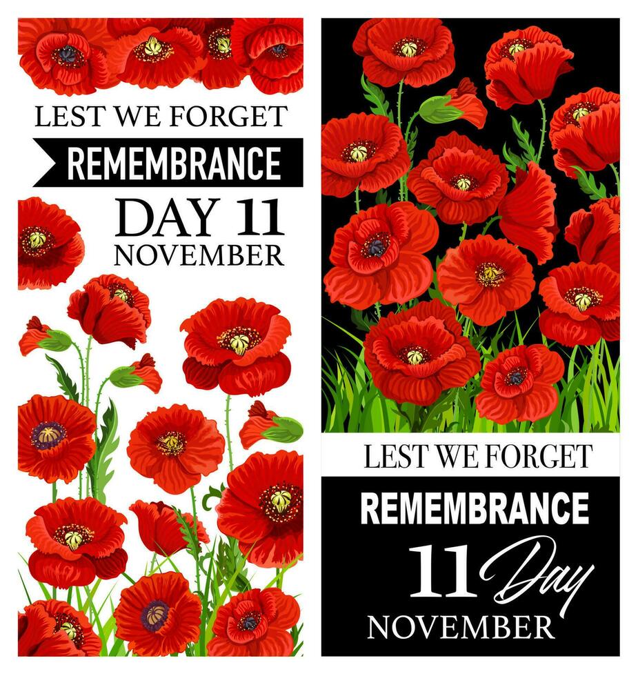 Remembrance Day red poppy flowers, Lest We Forget vector