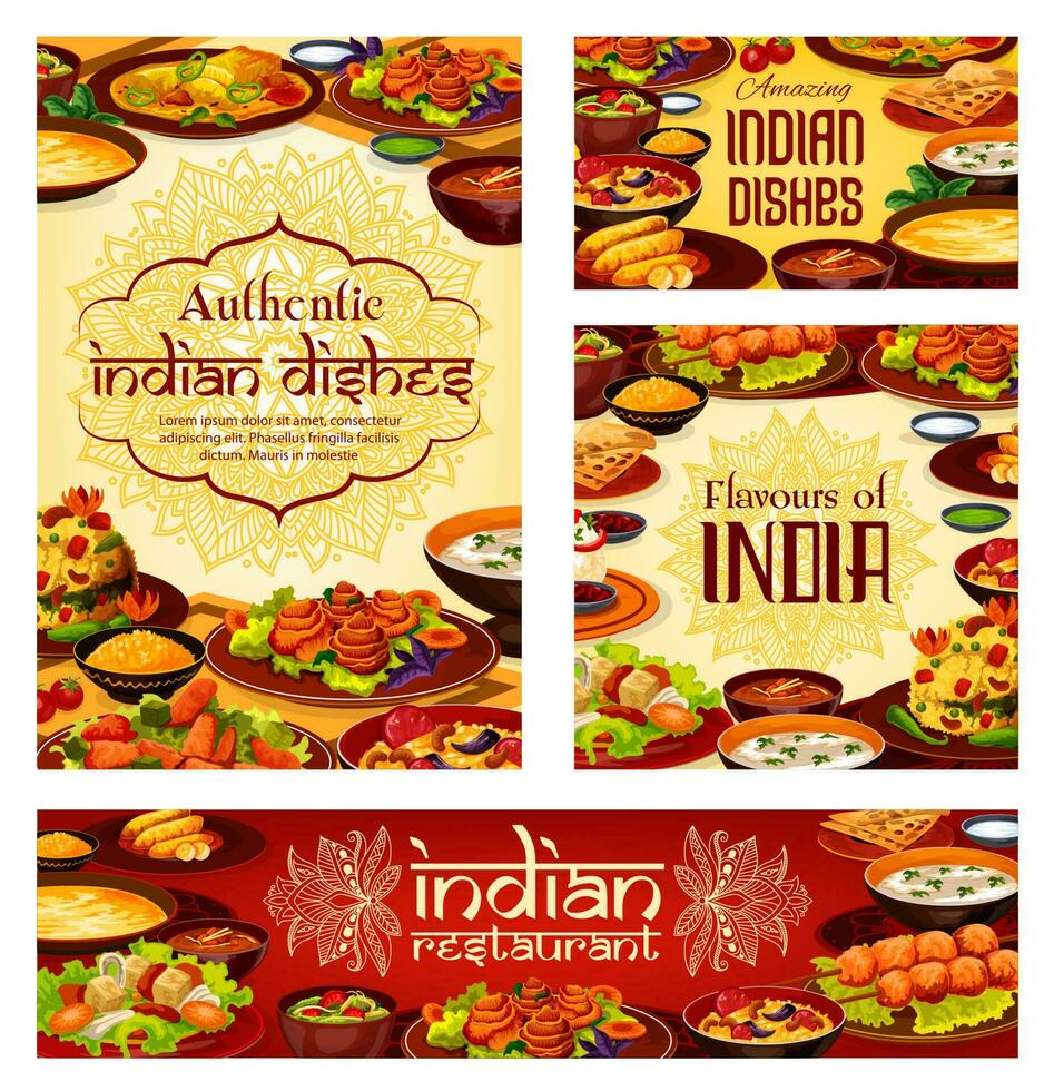Indian cuisine food and desserts, cafe menu vector