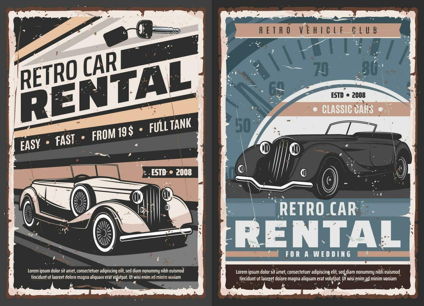 Retro cars rental service vector posters