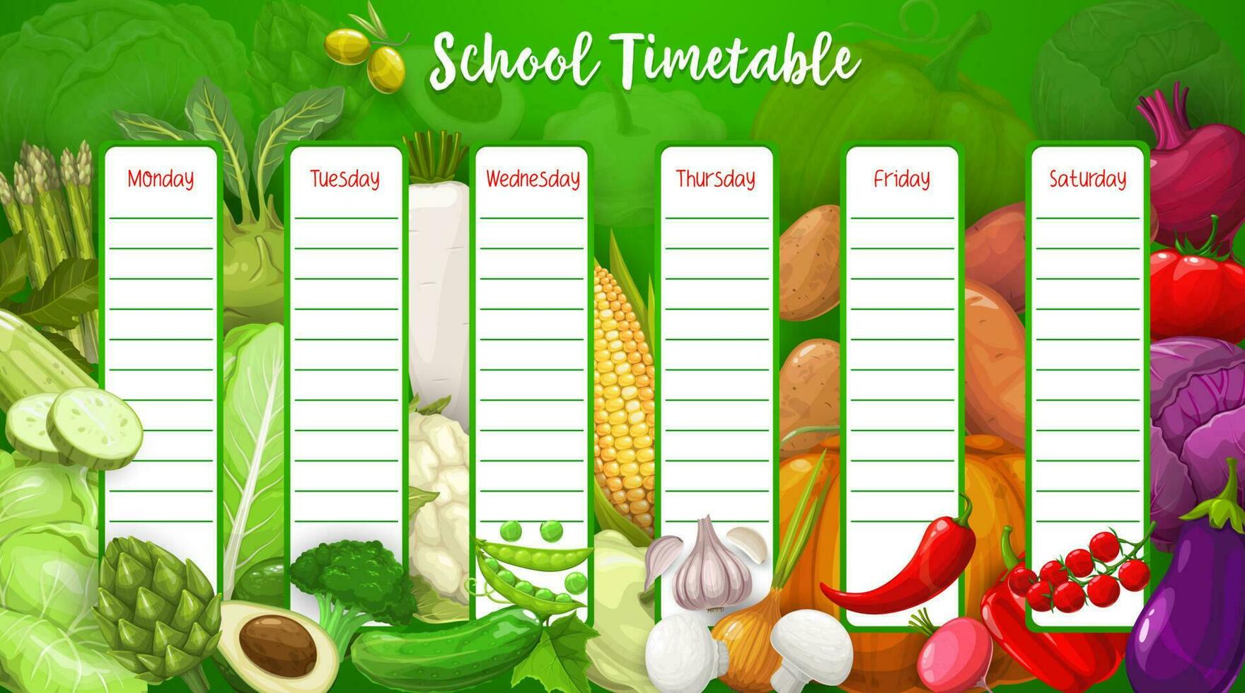colegio calendario con granja verduras, modelo vector