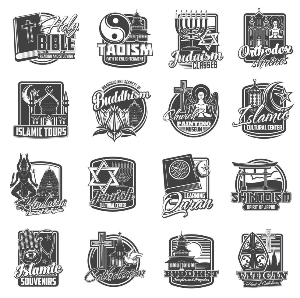 World religions icons, Buddhism and Christianity vector