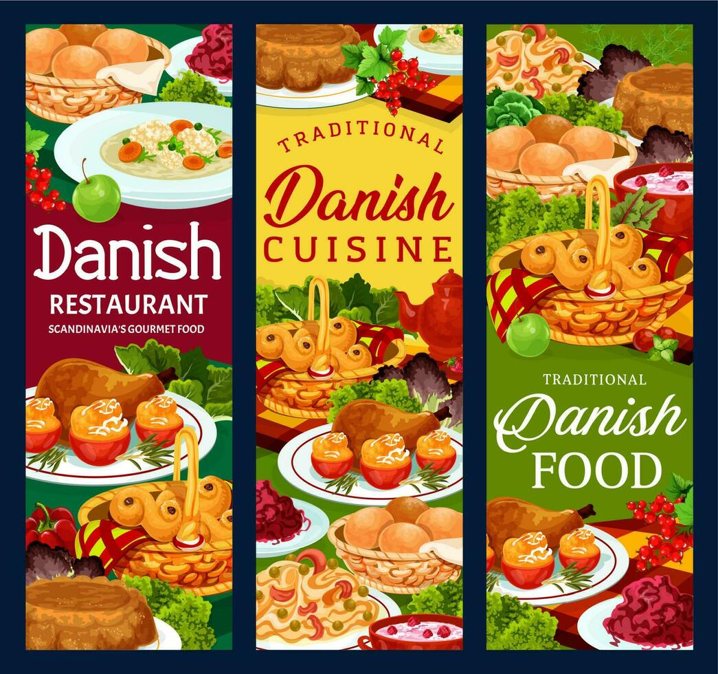 Danish cuisine food menu dishes and meals banners vector