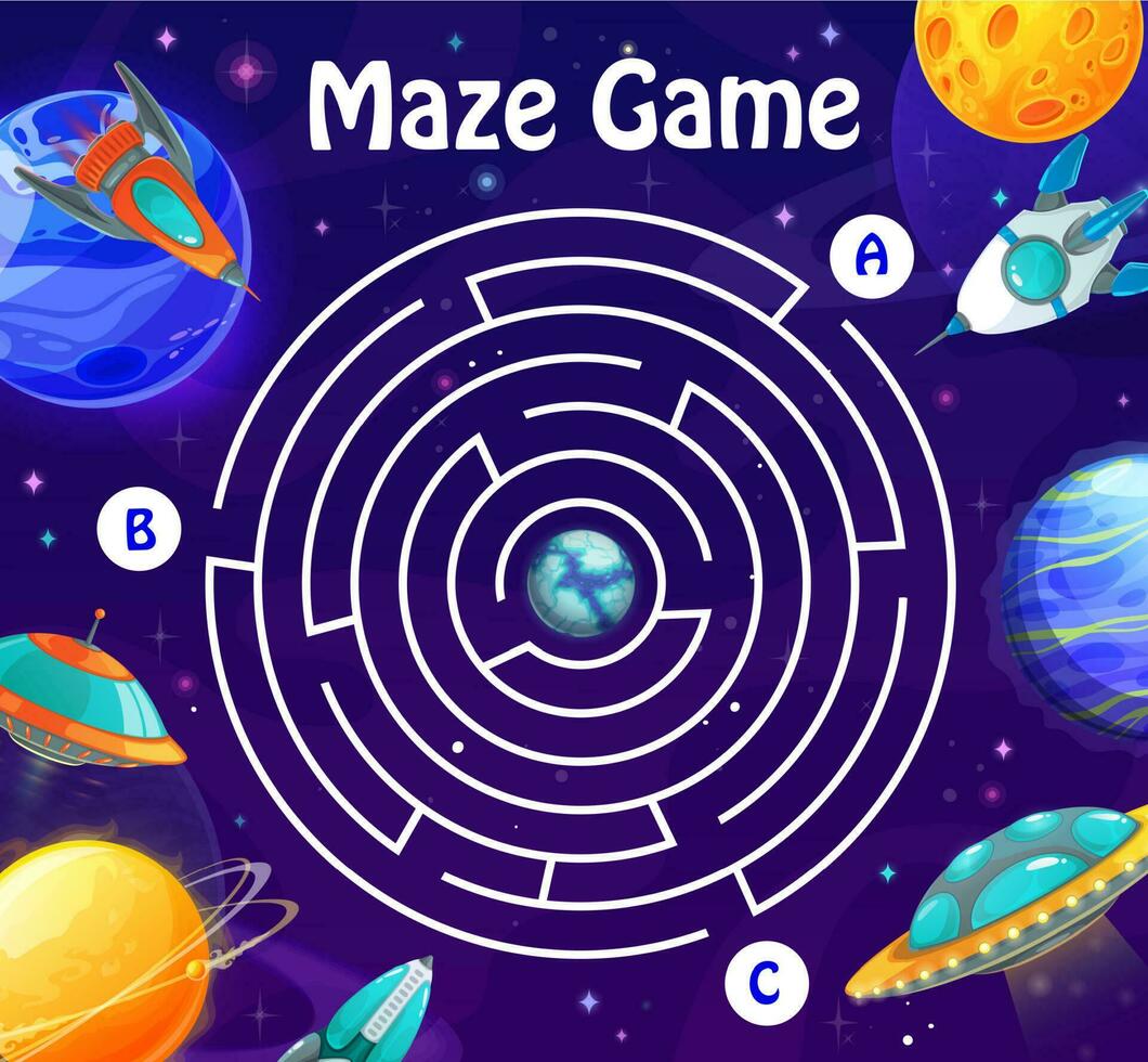 Space labyrinth maze in galaxy, vector boardgame