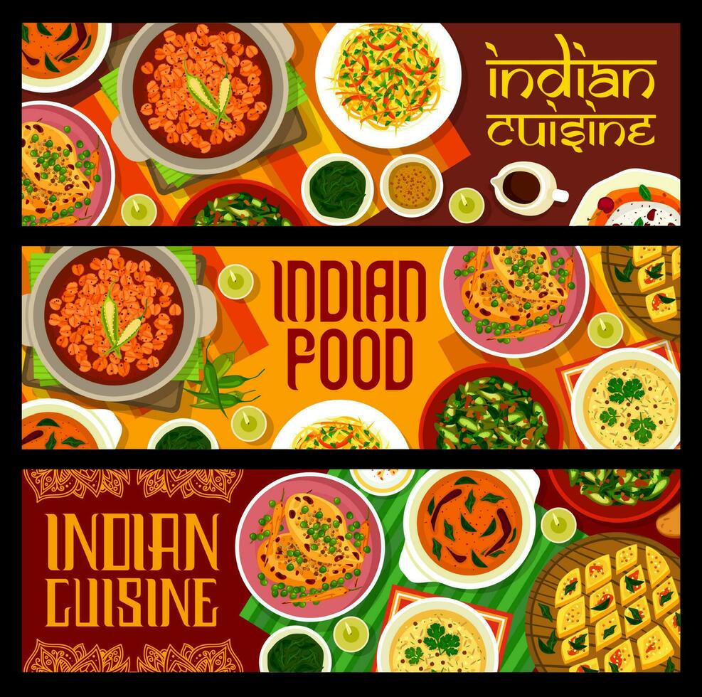 Indian spice food banners with Asian cuisine dish vector