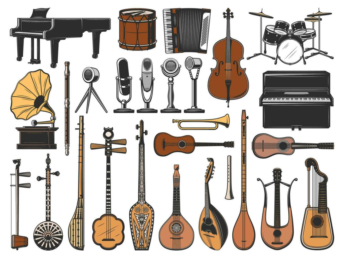 Vintage music instruments, microphones, gramophone vector
