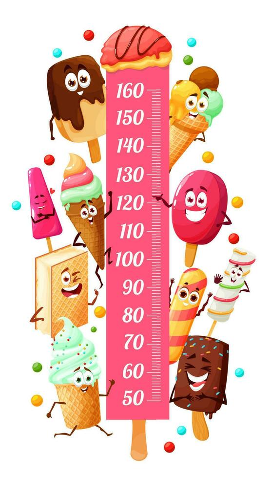 Kids height chart, ice cream dessert characters vector