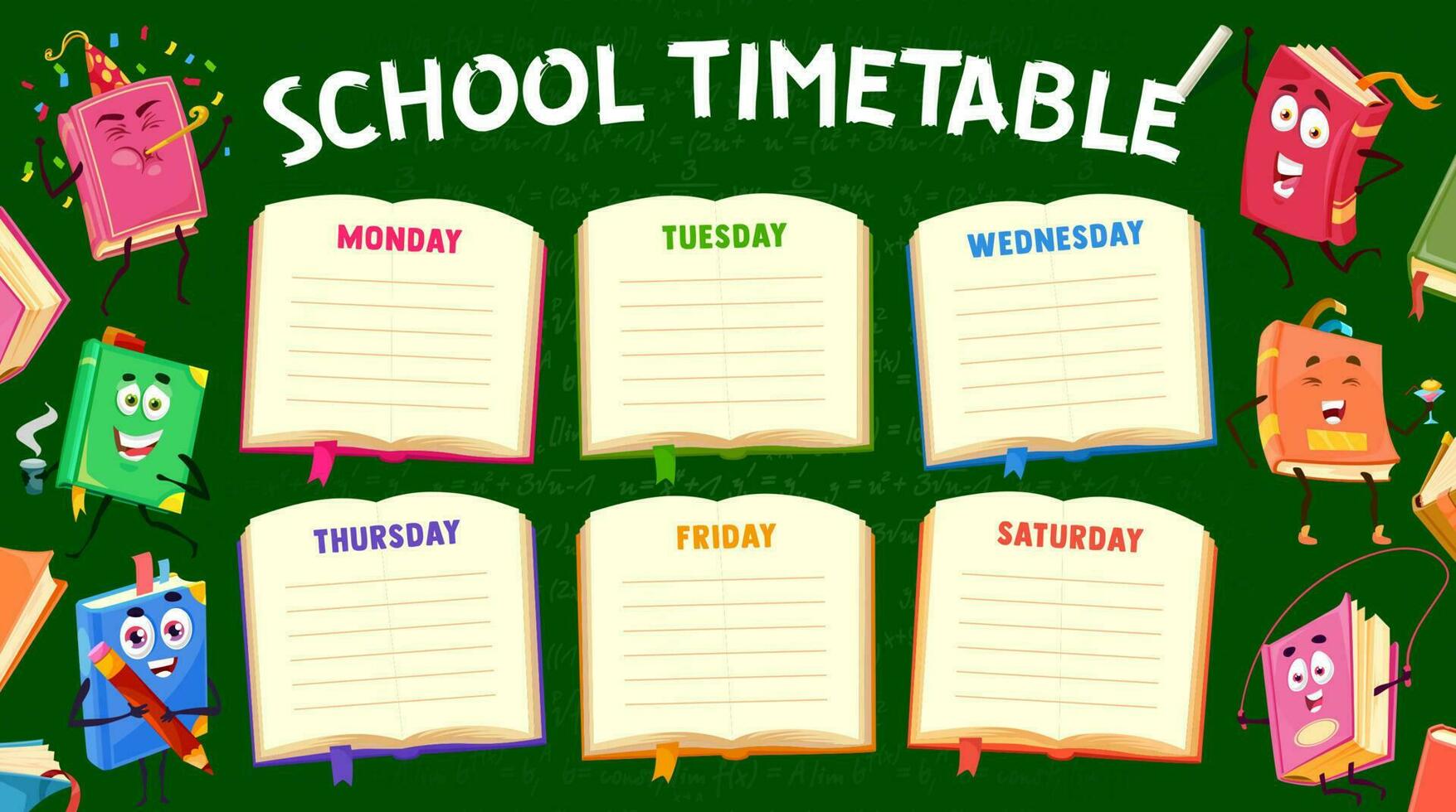 Cartoon books characters on timetable schedule vector