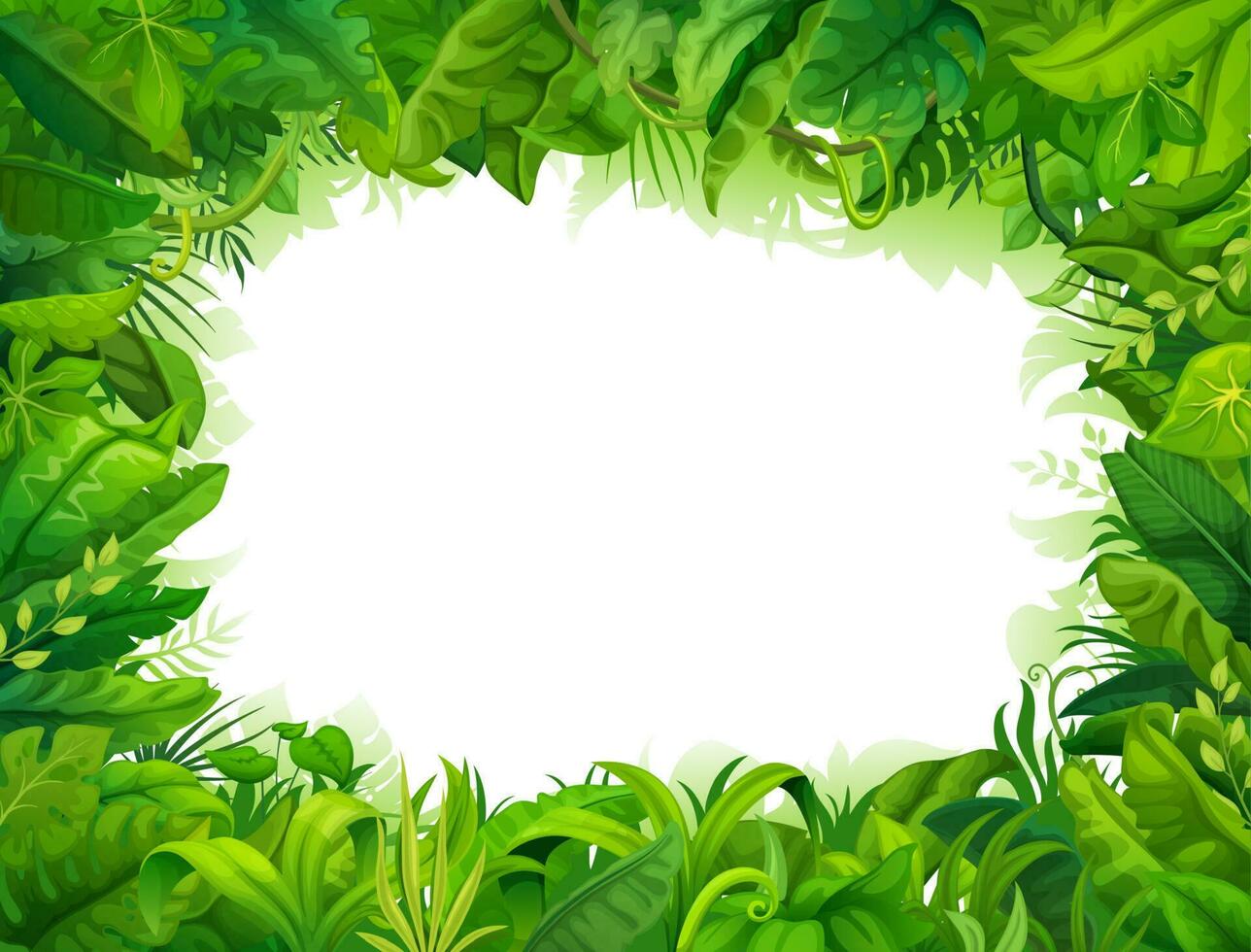 Cartoon jungle plants leaves frame or backdrop vector