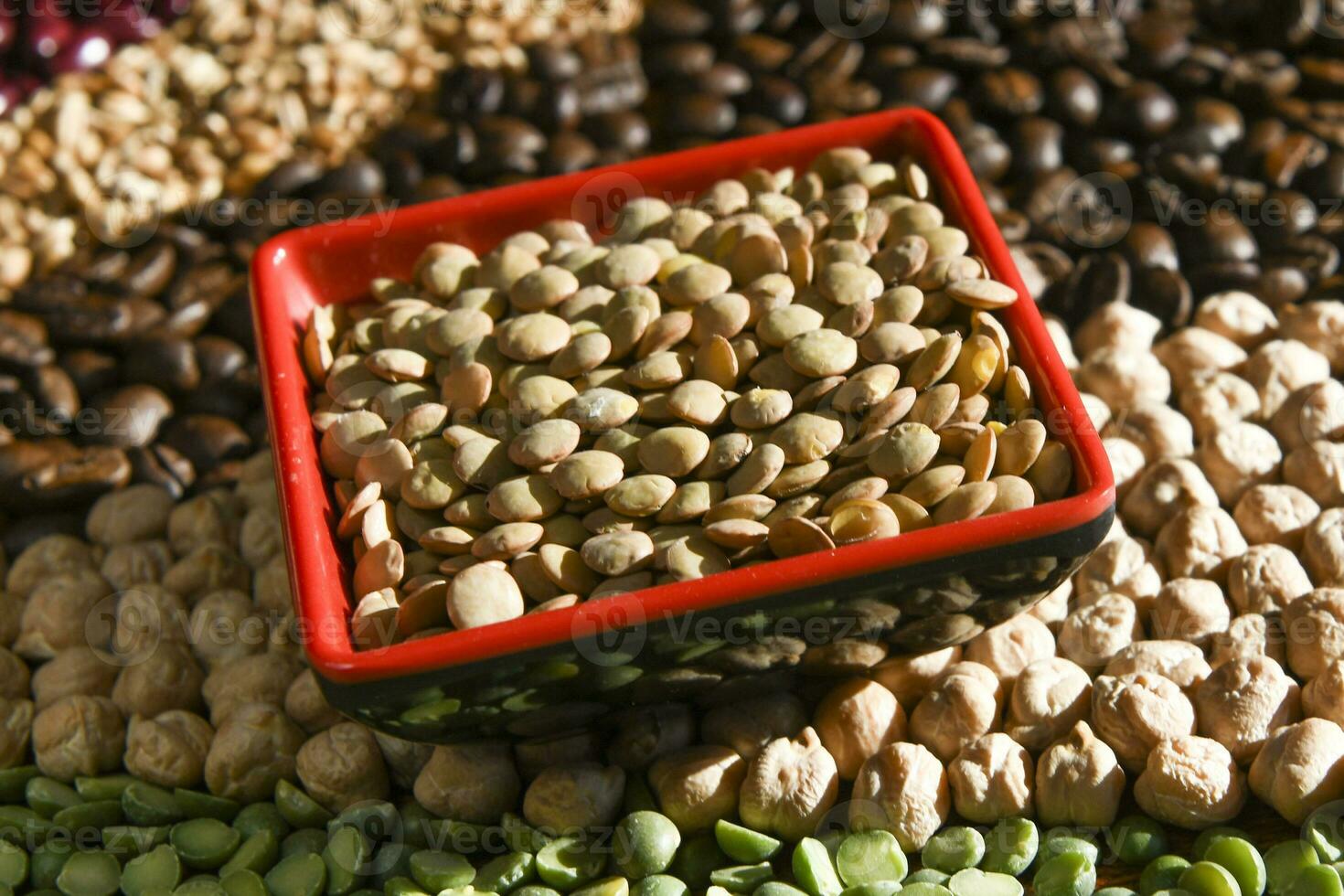 Bowl with raw white lentils on various seeds grain photo