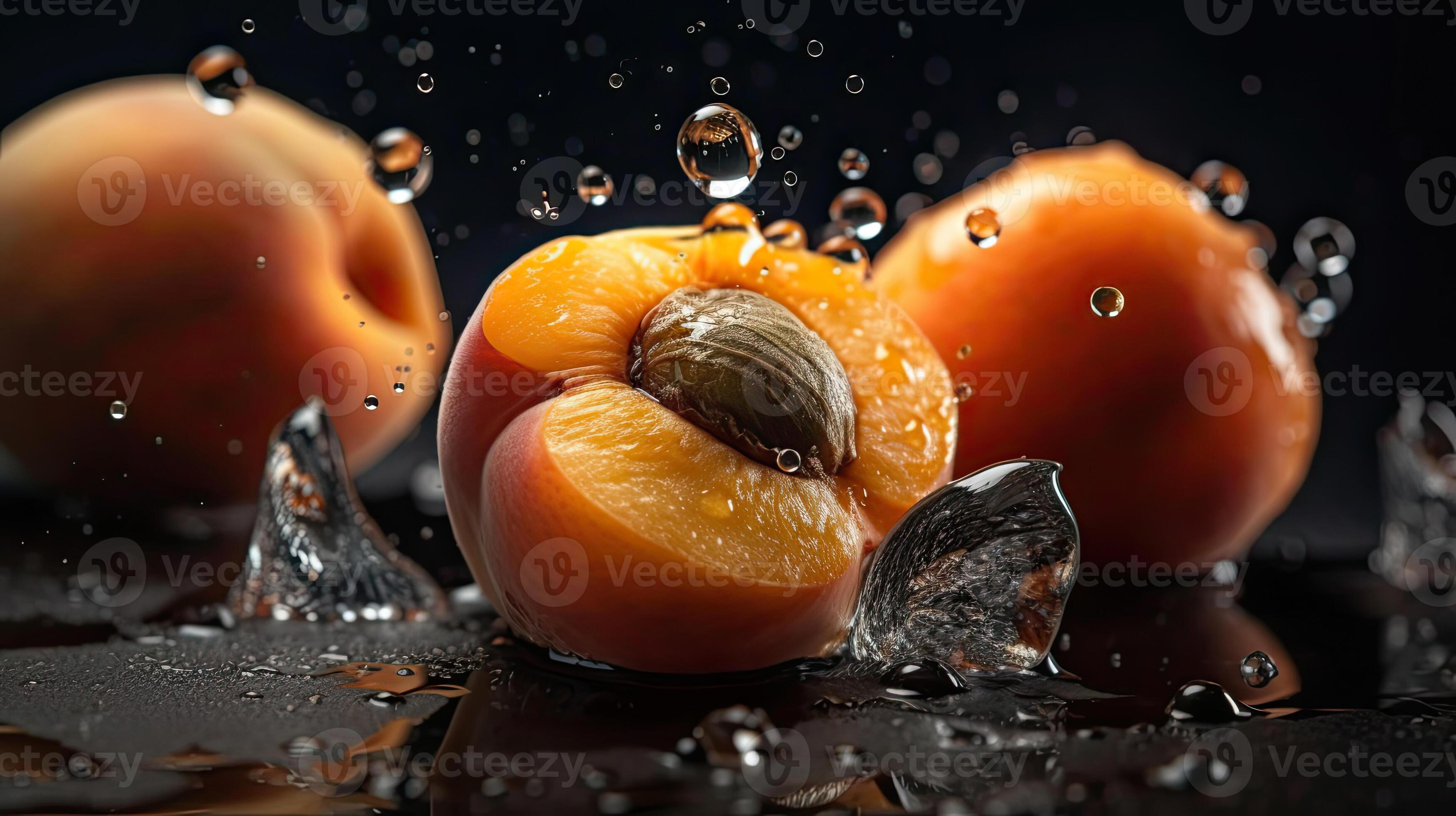 apricot fruits hit by splashes of water with black background and blur
