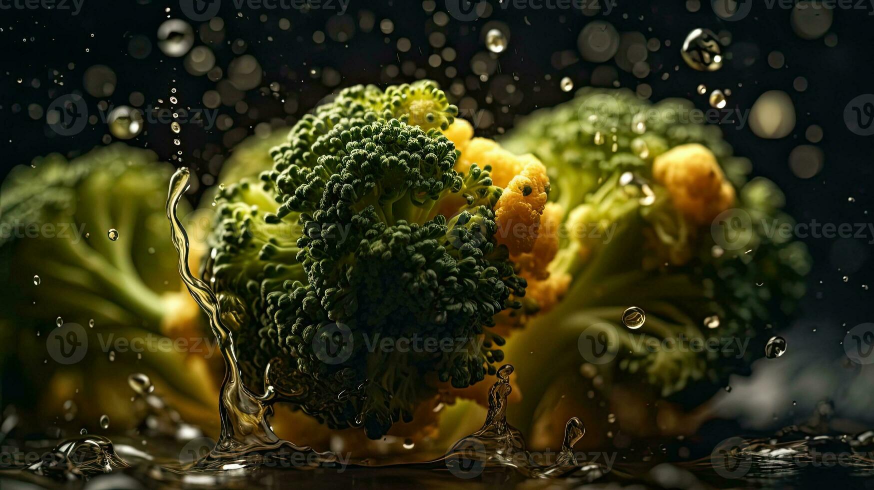 broccoli vegetables hit by splashes of water with black background and blur photo