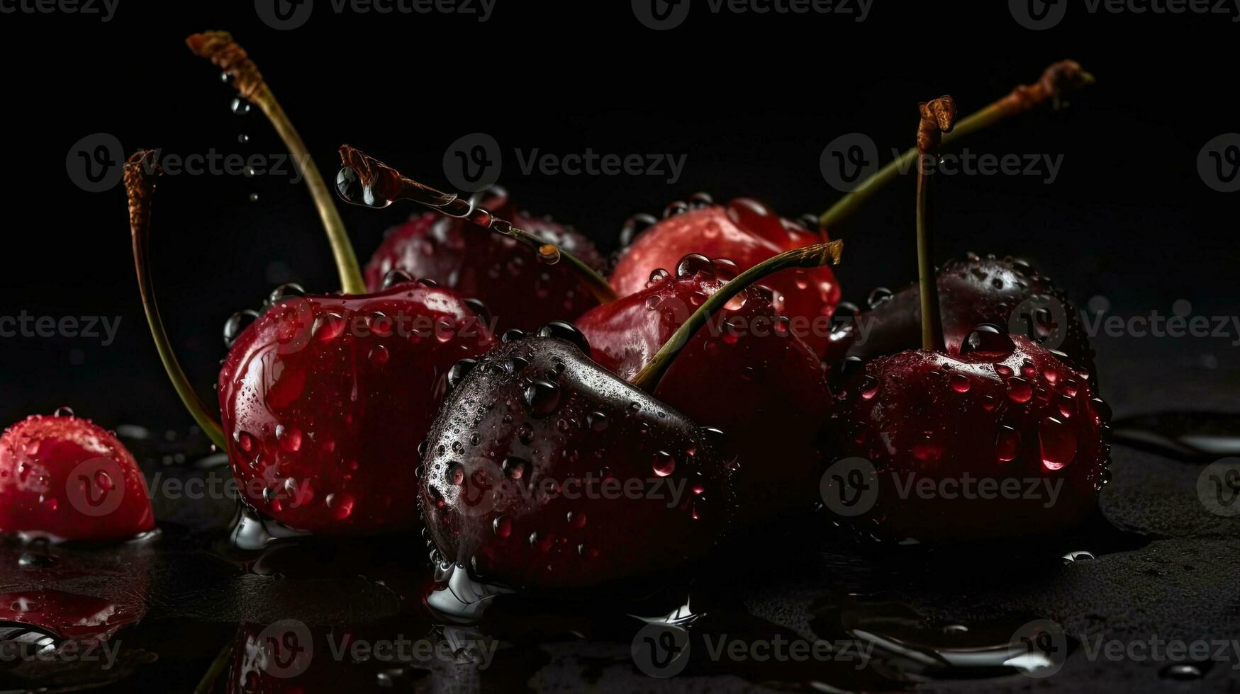 Cereza frutas golpear por salpicaduras de agua con negro antecedentes y difuminar foto