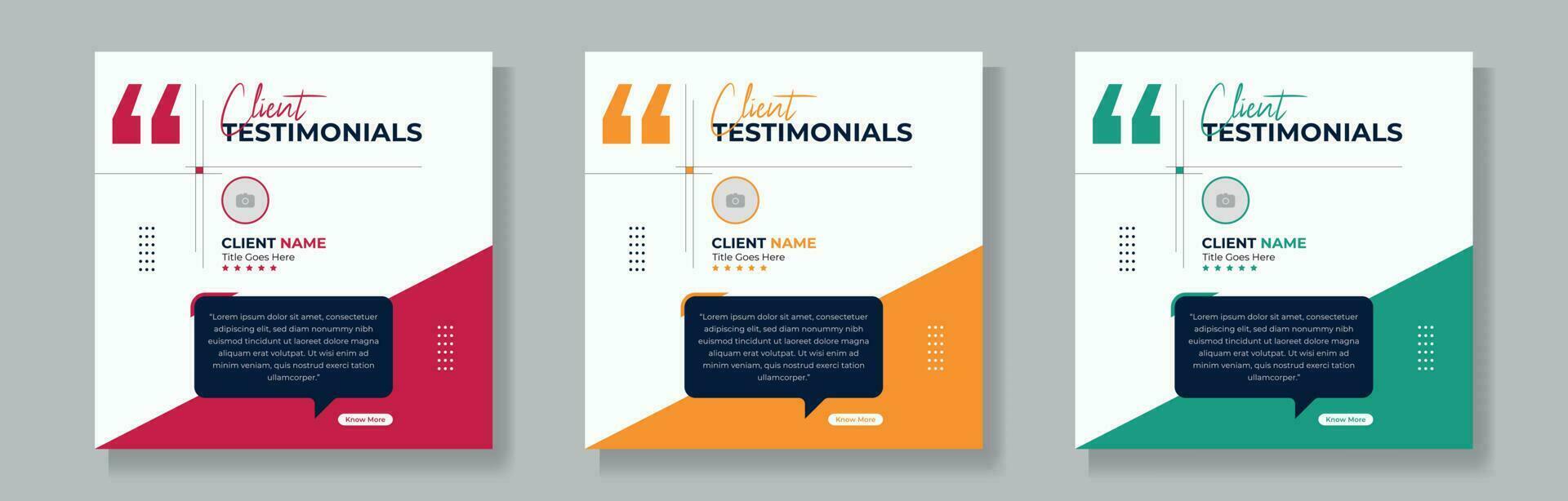 Set of client testimonials or review social media post design, client feedback template with square size modern and creative. vector