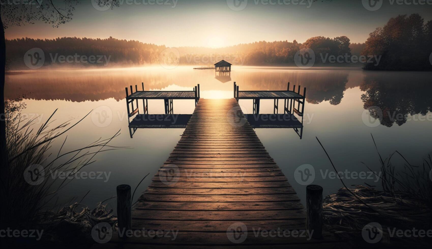 Centered Dock Stretching into a Lake, Morning Light. photo
