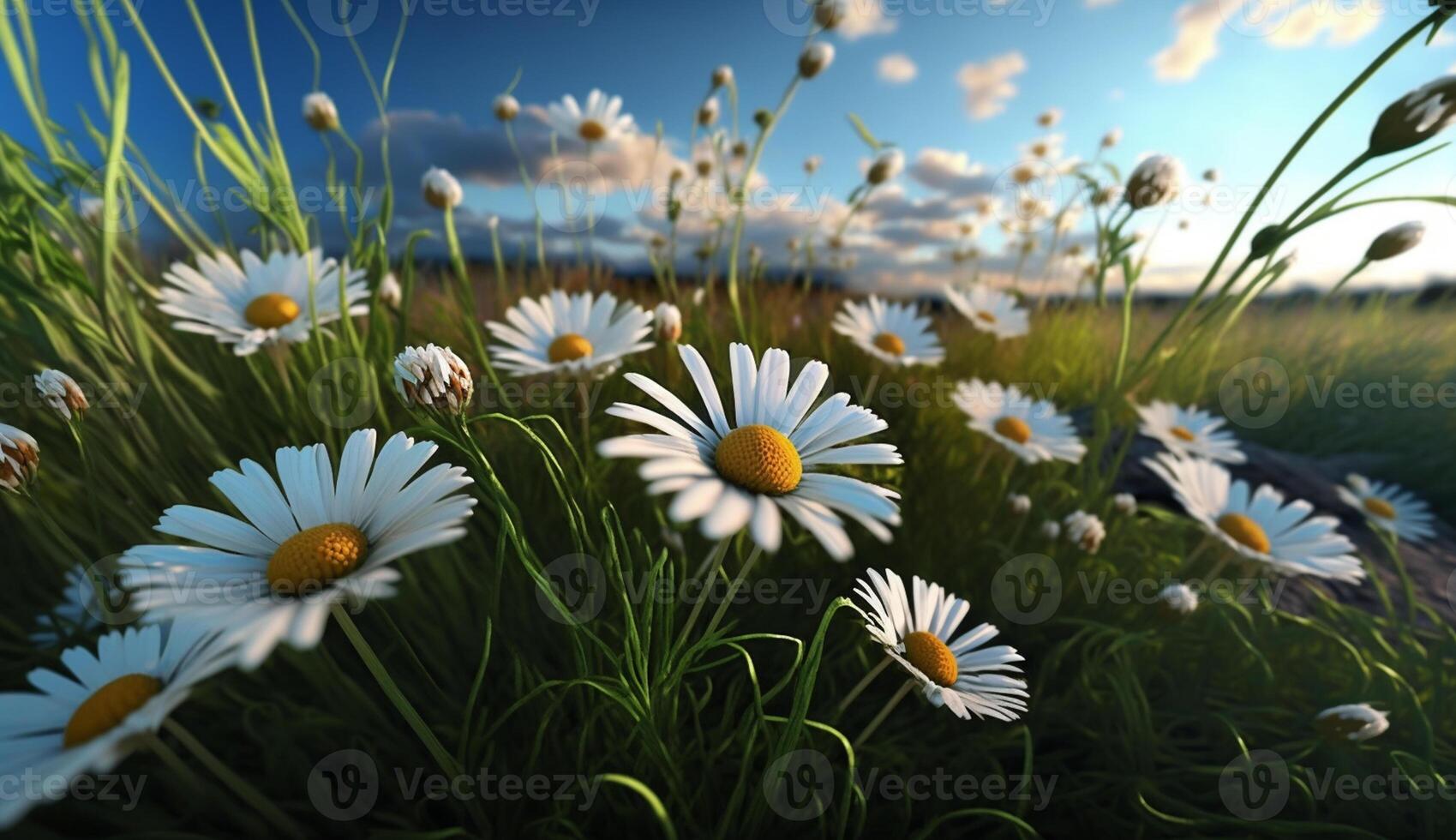 Wild Daisies In The Grass With A Blue Sky, photo