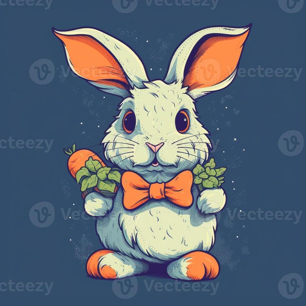 fluffy rabbit, big floppy ears, wearing a colorful bow tie and carrying a basket of carrots photo