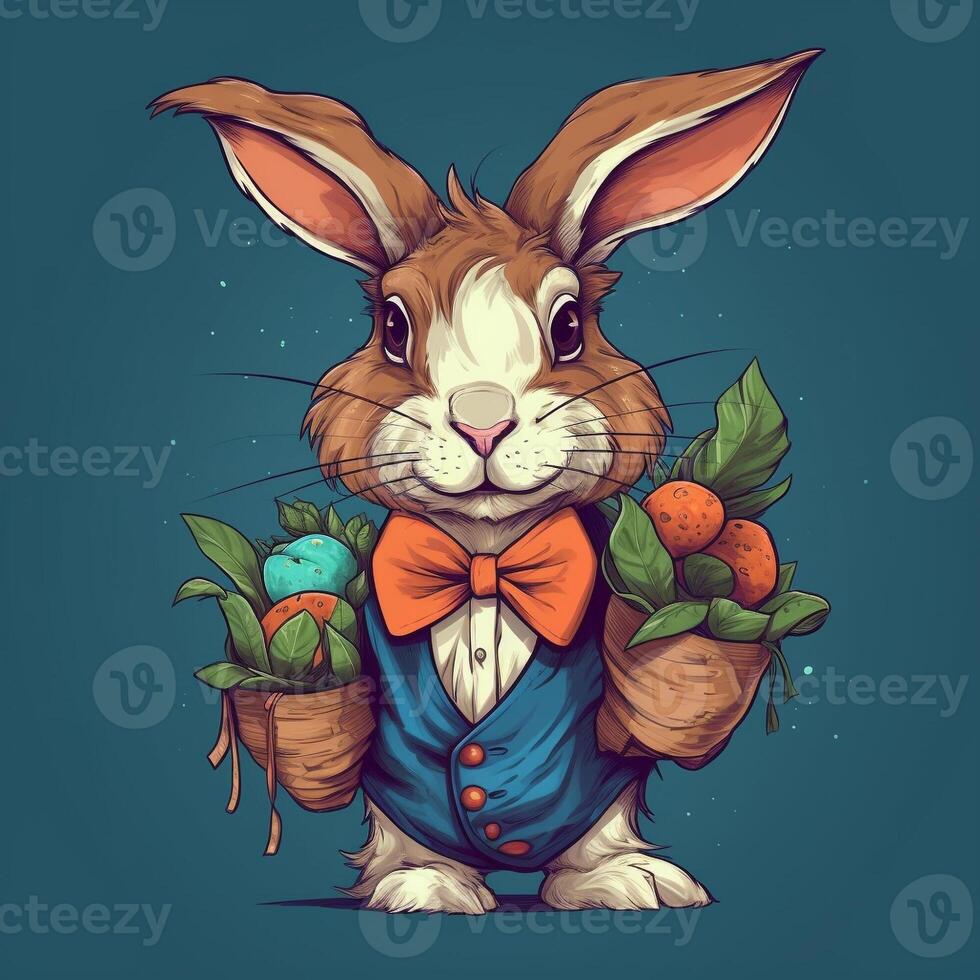 fluffy bunny brown , big floppy ears, wearing a colorful bow tie and carrying a basket of carrots photo