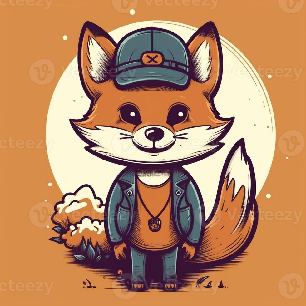 A cartoon fox with a hat and a shirt that says fox on it photo