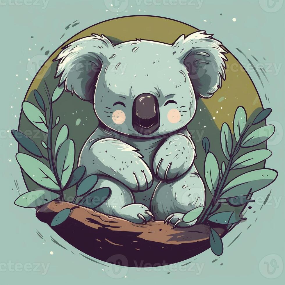 baby koala with big round ears and sleepy eyes, cuddling a branch of eucalyptus and dreaming of adventures photo